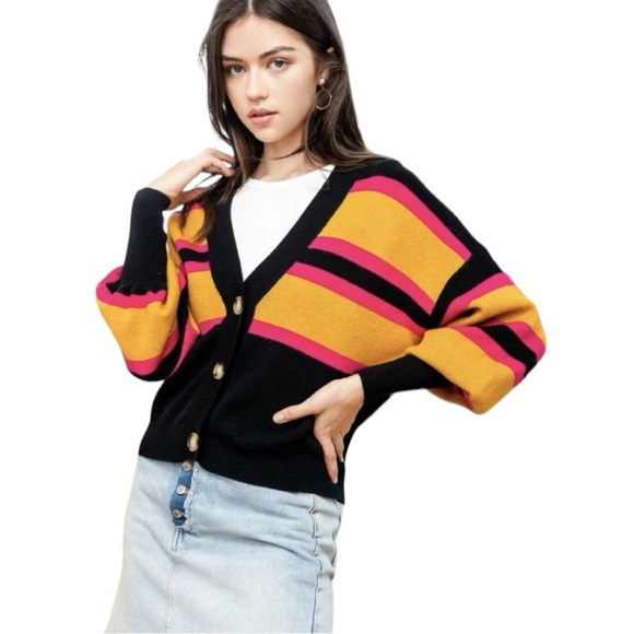 THML Sweaters - THML Bold Stripes Cardigan in Black Multi Size M